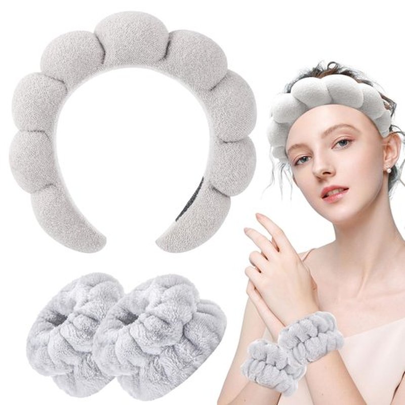 Zkptops Spa Headband for Washing Face Wristband Set Sponge Makeup Skincare Terry Cloth Headband Bubble Soft Get Ready Hairband for Women Girl Puffy Padded Headwear Non Slip Hair Accessory(Light Grey2)