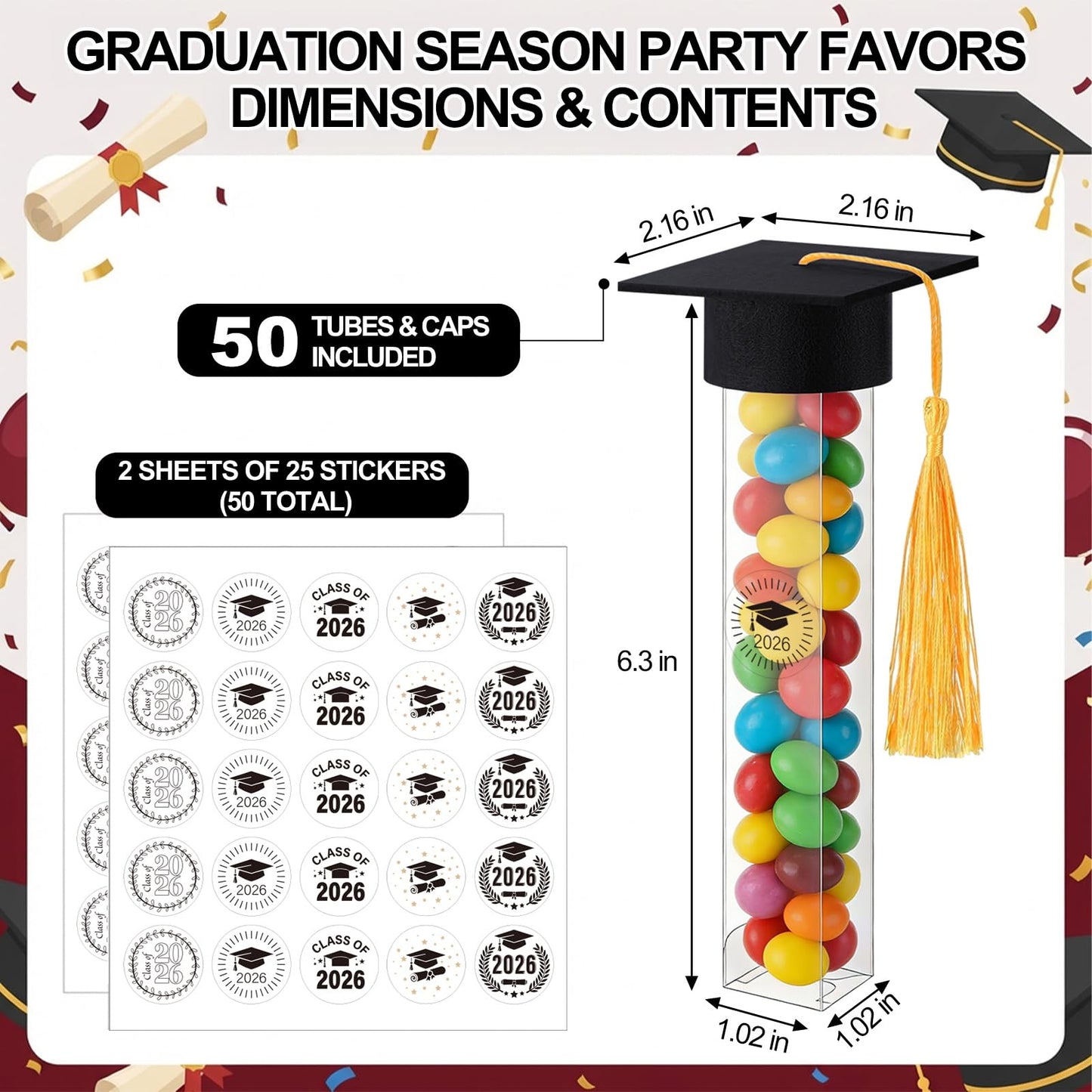 janbrm 2026 Graduation Candy Tubes 50 Pcs Graduation Candy Containers and 50 pcs Mini Caps Grad Cap Candy Box with Stickers Graduation Supplies Graduation Party Favors (Black)