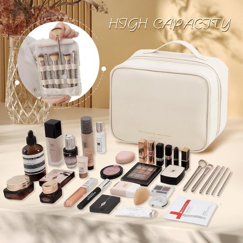 Doblopup Multi Compartment Toiletry Cosmetic Bag, PU Large makeup bag with compartments, Set Patient Multi Compartment Toiletry Cosmetic Bag For Women Girls Travel makeup bag with compartments (white)