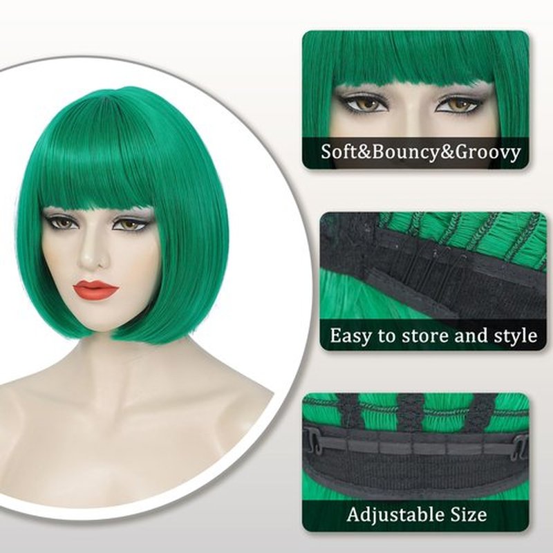 YBYMCAI Green Bob Wig With Bangs Short Dark Green Bob Wigs For Women Straight Bob Bangs Wig 10 Inch Heat Resistant Synthetic Hair Natural Looking For Daily Party Use