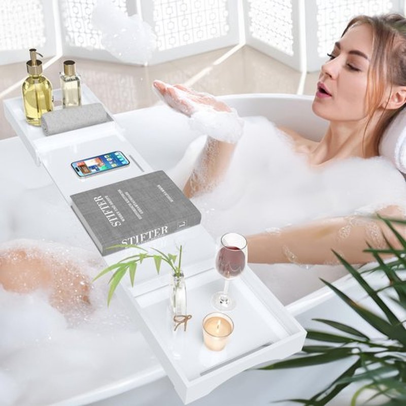 Bathtub Tray Caddy Table for Tub - Rulyyo Tub Tray Bath Caddy Tray for Bathtub, White 23-42.5 Inch Expandable Over The Tub Bath Tray for Bathtub, Waterproof Bathtub Caddy Tray for Luxury Bath