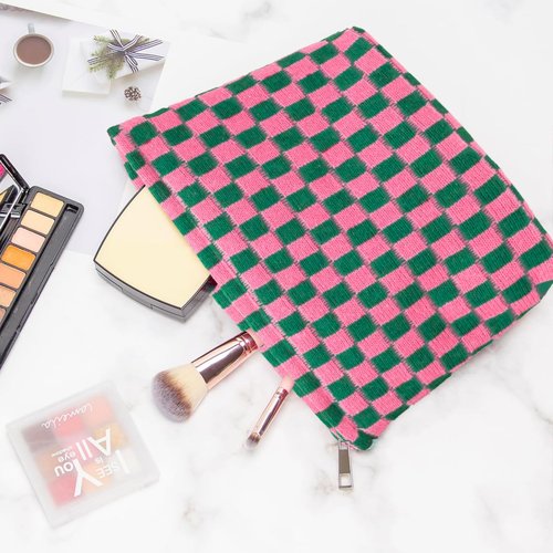 LYDZTION Large Capacity Makeup Bag Set - 3 Pieces Checkered Cosmetic Bag for Women Travel Makeup Bag Organizer Cute Makeup Brushes Storage Bag Travel Toiletry Bag,Green and Rose Red