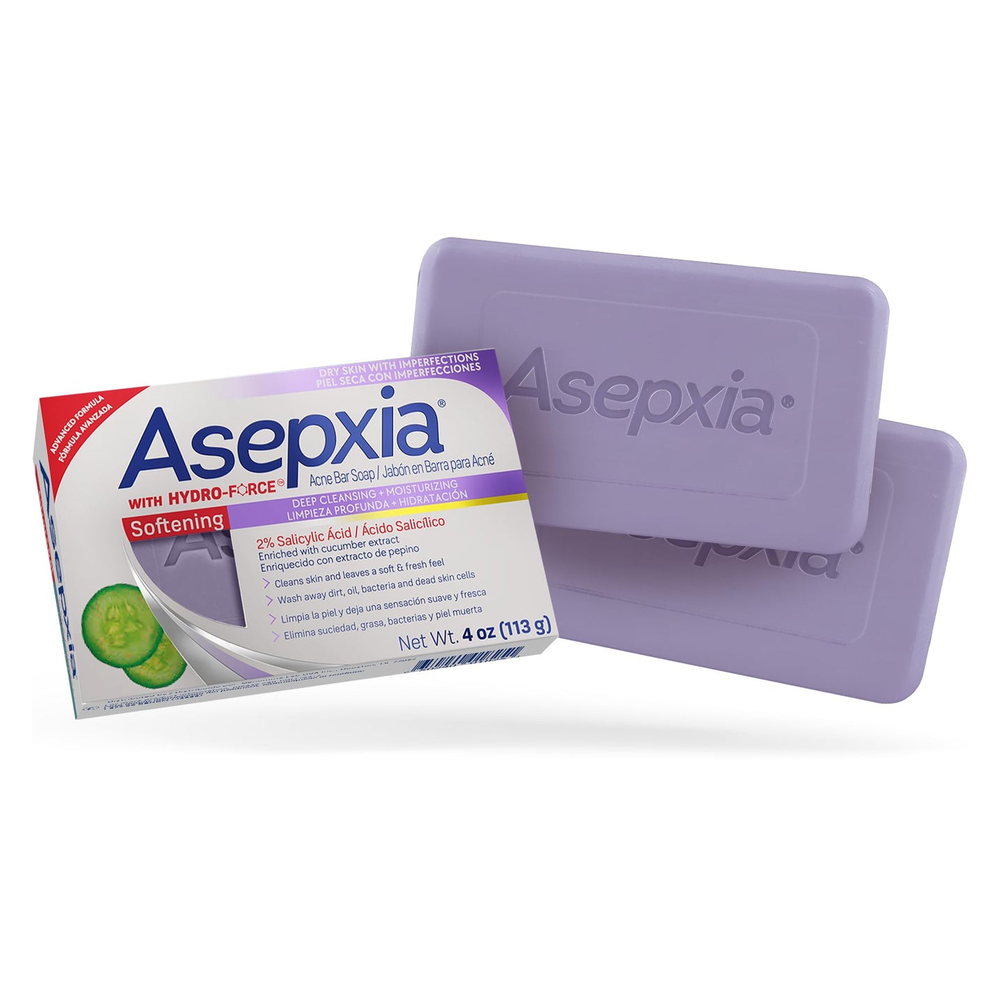 Asepxia Acne Treatment Softening Bar Soap | 2% Salicylic Acid Cleanser, Wash away Oil & Impurities, Soothes with Cucumber Extract, Daily Use, Refreshes Skin, Face Wash, 4 Oz, 2-Pack