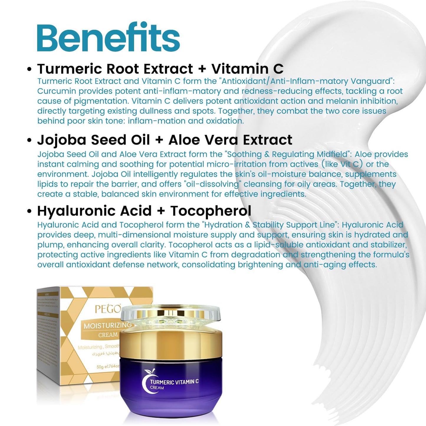 PEGO Turmeric Vitamin C Anti Aging Face Cream,Moisturizing and Hydrating Facial Cream,Anti-Wrinkle, With Turmeric, Jojoba Oil & Hyaluronic Acid, Suitable for All Skin Types 50g