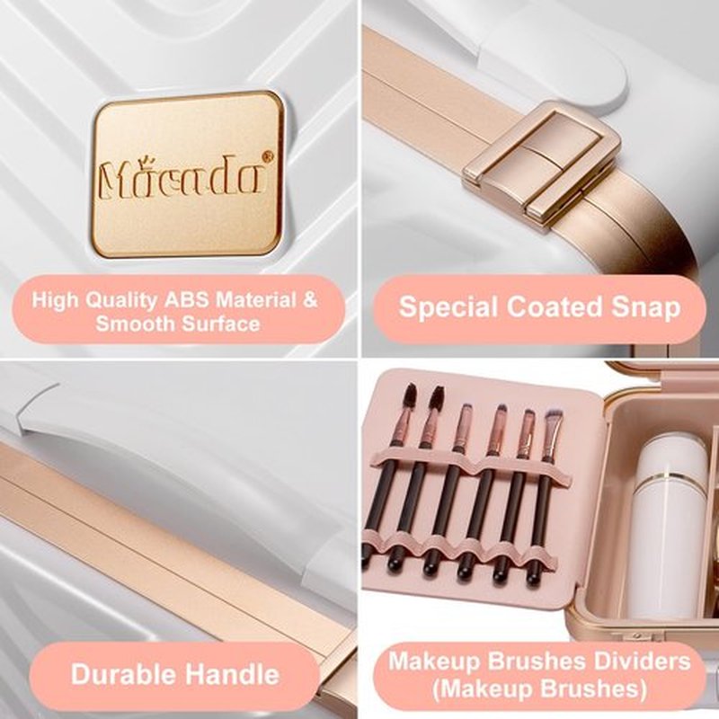 Mocado Travel Makeup Case with Lighted Mirror, Makeup Box with 8 Makeup Brushes and 10x Magnifying Mirror,Cosmetic Case Adjustable Brightness Makeup Train Case with Makeup Brushes Divider(White)