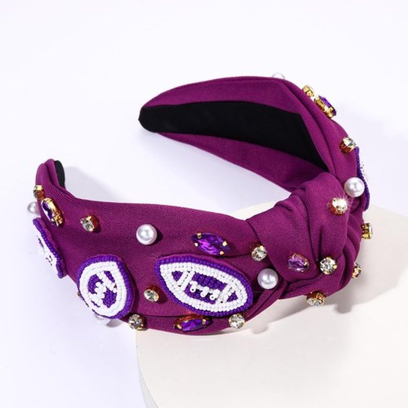 JERTOCLE Football Knotted Headbands for Women Game Day Sports Headband Pearl Crystal Bejeweled Wide Top Knot Hairband Game Day Hair Accessories (Purple White)