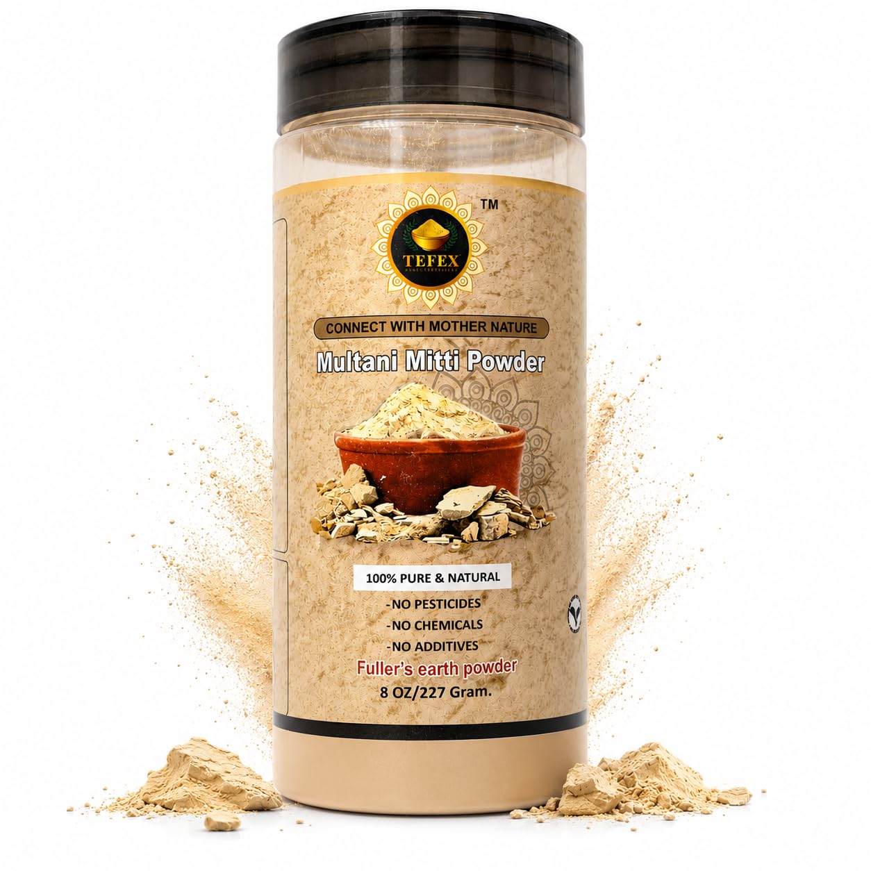 TEFEX ENTERPRISES Multani Mitti Powder (Fuller’s Earth) – 227 Grams / 8 oz | 100% Natural Clay for Face Mask, Skin Detox & Oil Control | Airtight Bottle