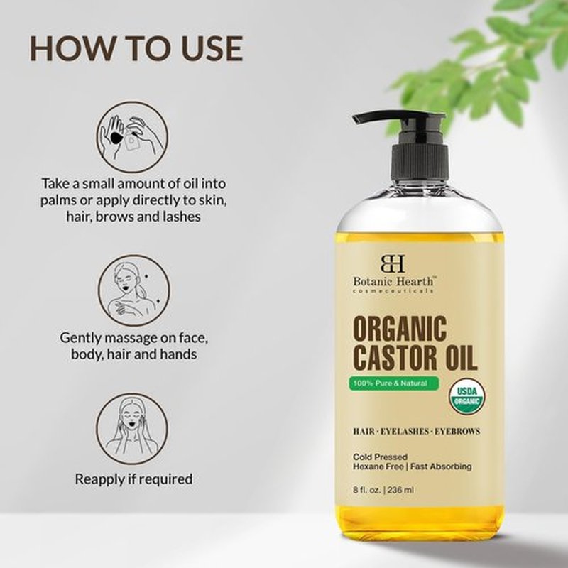 Botanic Hearth Castor Oil | USDA Certified Organic |100% Pure & Hexane Free | Cold Pressed | Growth for Eyelashes, Eyebrows, Hair | 8fl oz