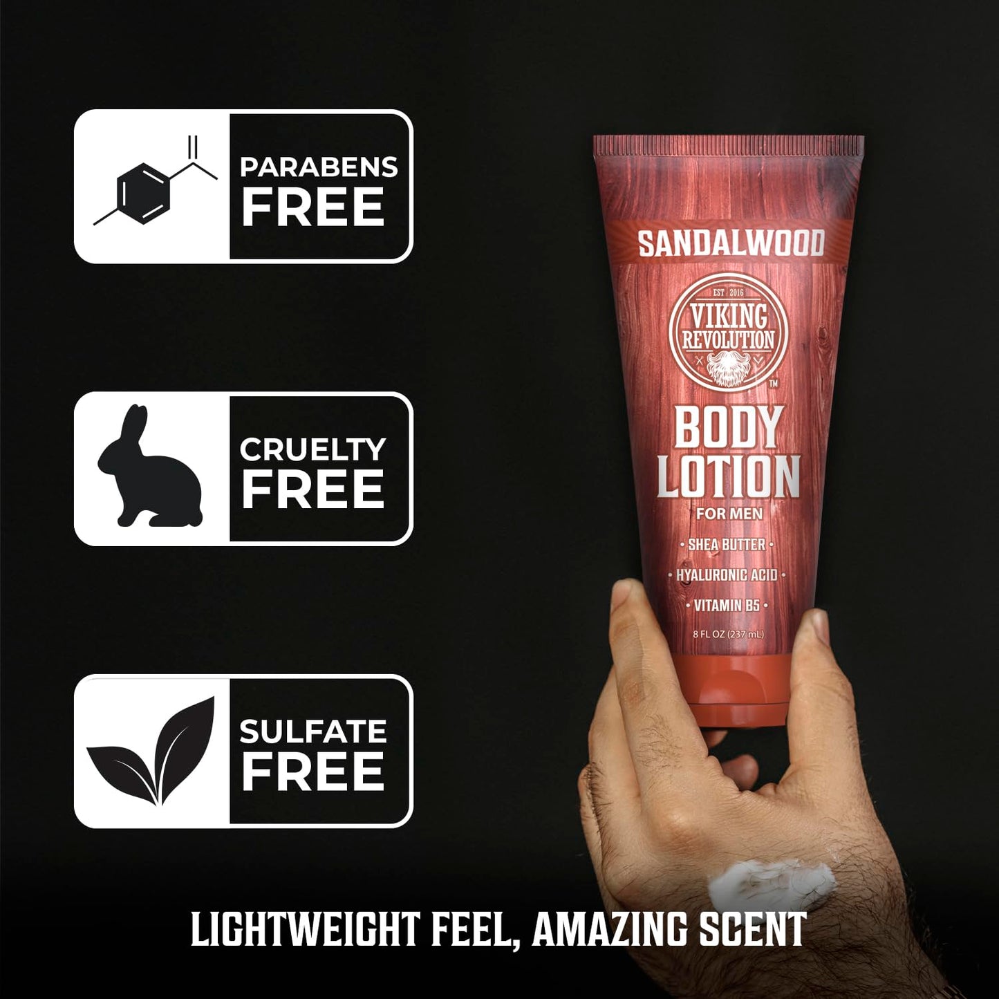 Viking Revolution Sandalwood Body Lotion for Men – Mens Lotion for Dry Skin with Shea Butter, Hyaluronic Acid and Vitamin B5 – Nourishing Mens Body Lotion for Hydrated and Smooth Skin (8oz, 1 Pack)
