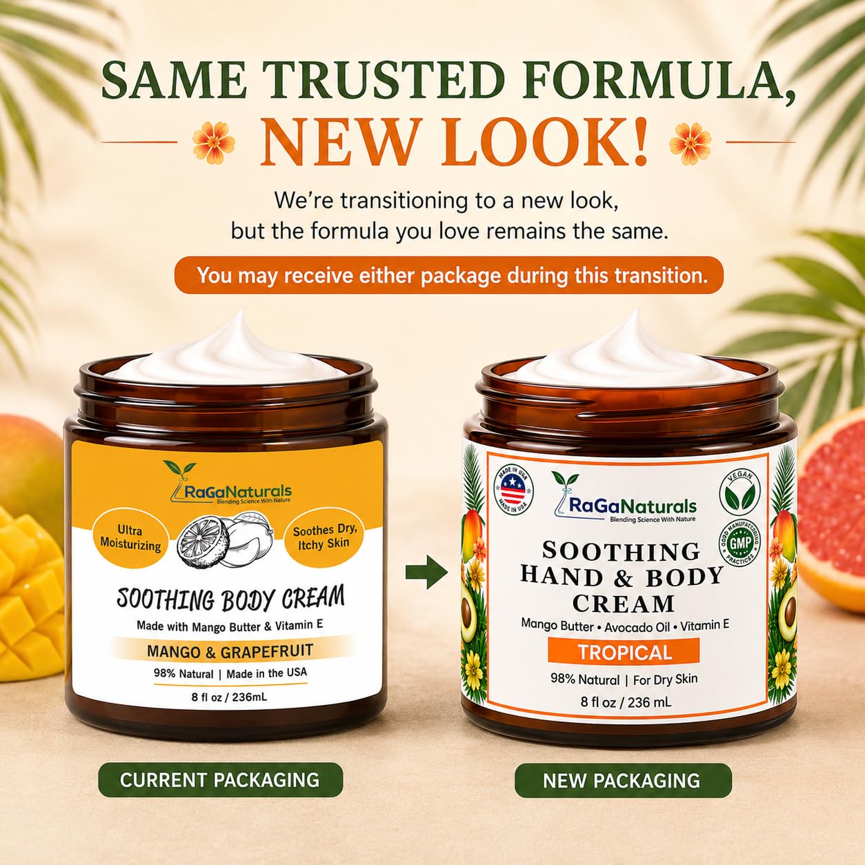 RaGaNaturals Tropical Hand and Body Cream for Dry Skin - Key Notes of Mango Grapefruit Scent - 98% Natural, Vegan, Non Greasy Lotion with Mango Butter, Vitamin E & Avocado Oil for Women and Men - 8 oz