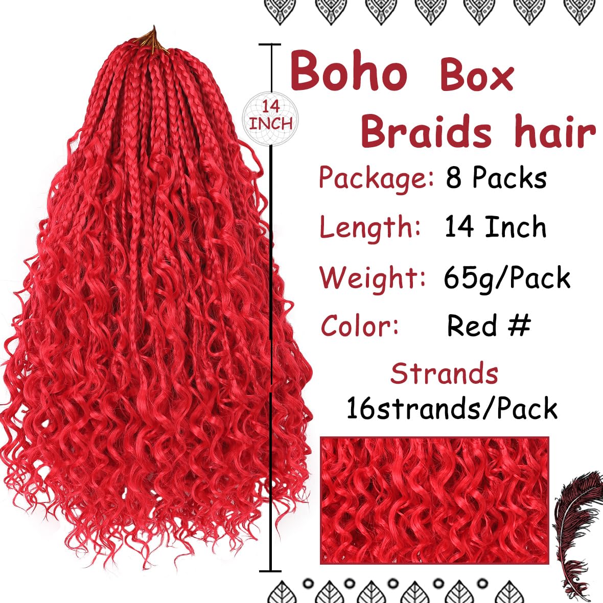 Beverlee 14 Inch Boho Box Braids 8 Packs Goddess Box Braids Crochet Hair Bohemian Hippie Braids Braiding Hair Box Braids with Curly Ends Messy Pre-looped Synthetic Crochet Hair for Women RED#