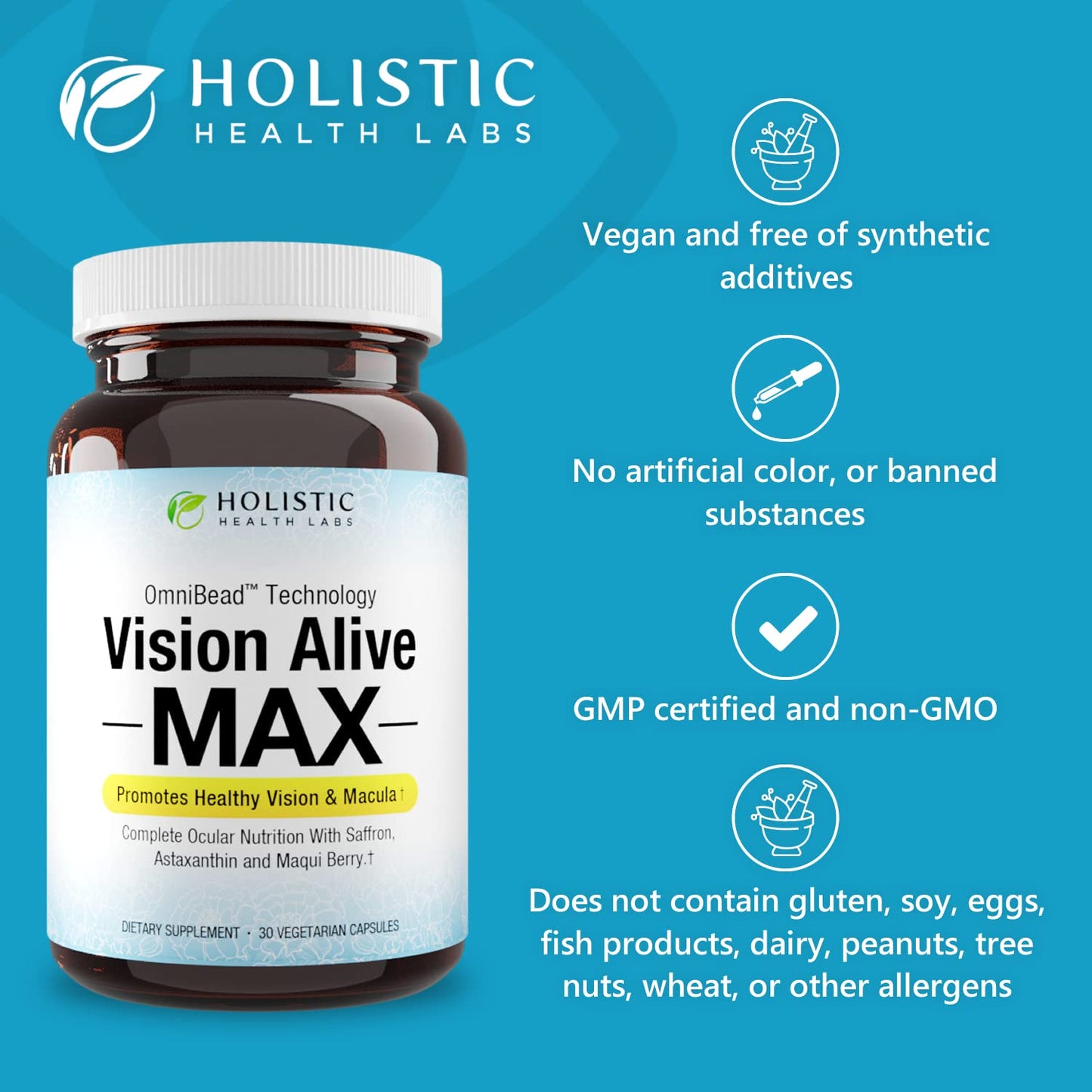 Holistic Health Labs Vision Alive Max with 8 Natural Ingredients Lutemax® 2020, Bilberries, Blueberries, c3g from Black Currant, Maqui Berry, Saffron, and Astaxanthin (30 Count (Pack of 1))