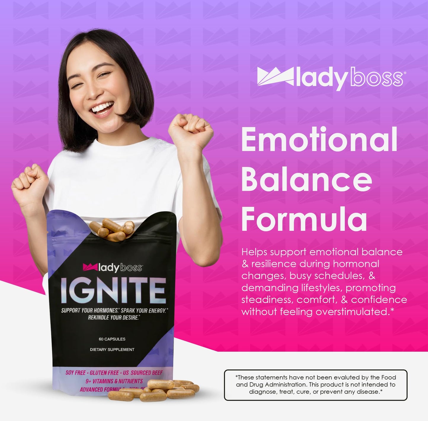 LadyBoss Ignite Hormone Balance Supplement for Women – Bloat Relief, Mood Support & Natural Energy – Premium Red Maca & Zinc Formula for Daily Vitality – 60 Capsules