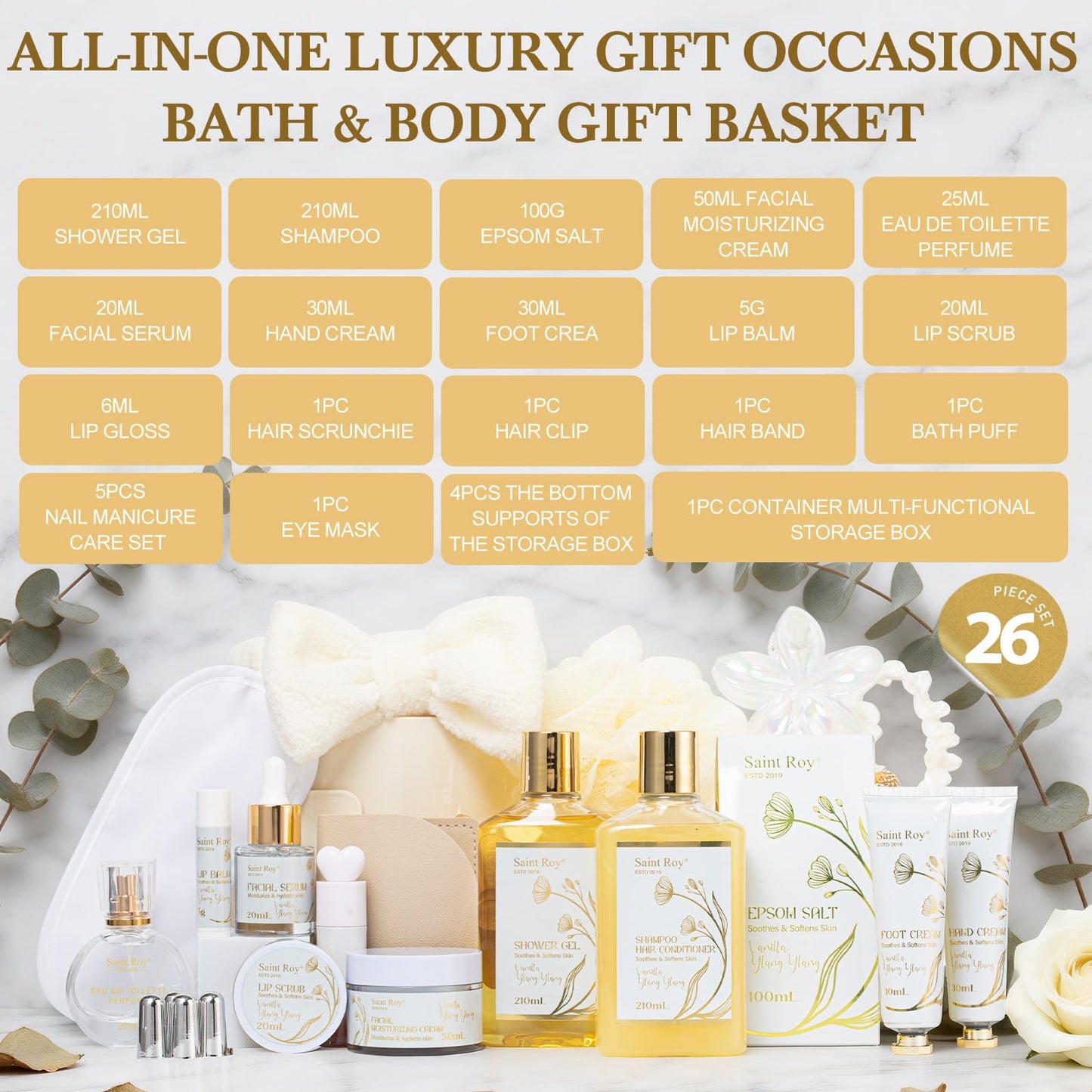 23Pcs Bath and Body Vanilla YLANG YLANG Gifts for Women, Spa Gift Basket