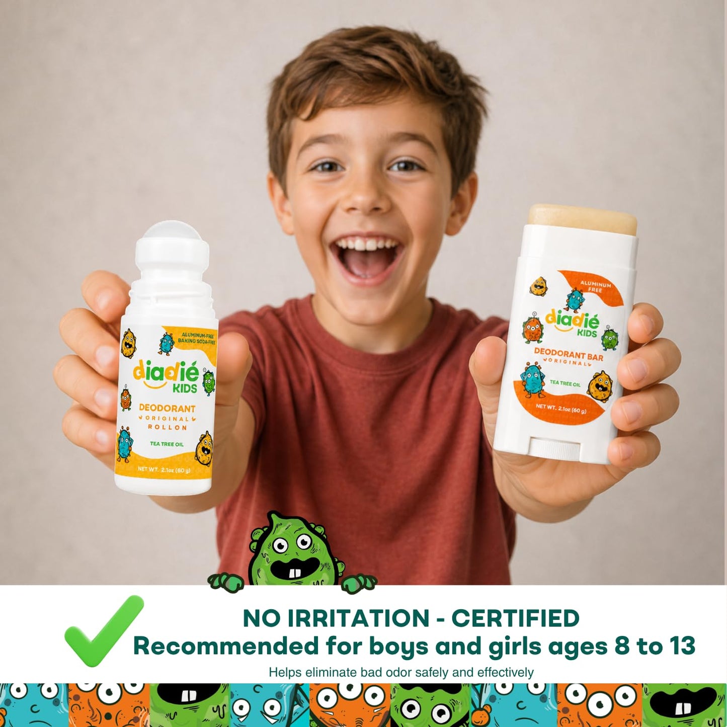 DIADIÉ Kids Natural Deodorant Mix, for Kids, Boys or Girls and Teens, stink free, Aluminum-Free, Paraben-Free, stick & rollon, 2.1oz each, 2 Pack