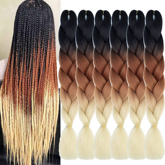 Xiaofeng Braiding Hair Extensions for Women 6 Packs 100g/Pack 24Inch High Temperature Ombre Jumbo Synthetic Braiding Hair for Twist Crochet Braids (24 Inch, black-brown-beige)