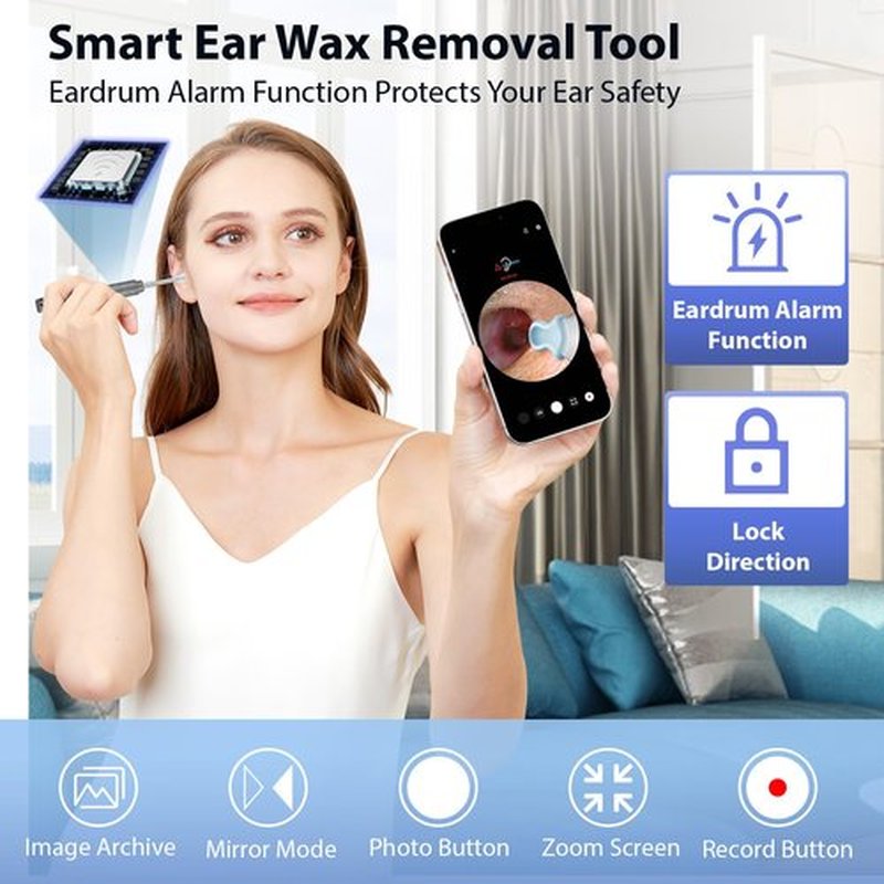 FINSOFT Ear Wax Removal Tool Camera, Ear Cleaner with Camera, Ear Wax Removal Cleaning Kit with 1296P HD Camera and 6 LED Lights, Earwax Removal Kit with 10 Ear Pick for iOS and Android, Grey