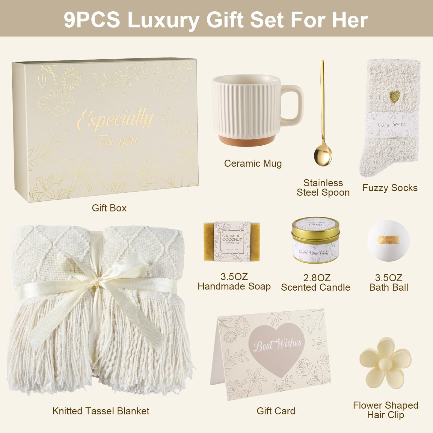 ENJOLLY Get Well Soon Gifts Baskets for Women Self Care Gifts,Birthday Gifts for Women Spa Care Package, Set for Mom Wife Girlfriend Sister Best Friend (Ivory)