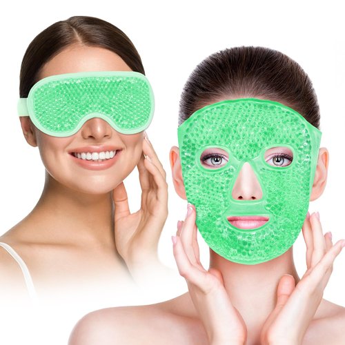 Cooling Eye Mask and Ice Face Mask Set for Reducing Puffiness, Bags Under the Eyes, Sinus, Redness, Pain Relief, Dark Circles, Migraine, and Hot Cold Use Reusable with Super Soft Lining (Green Set)