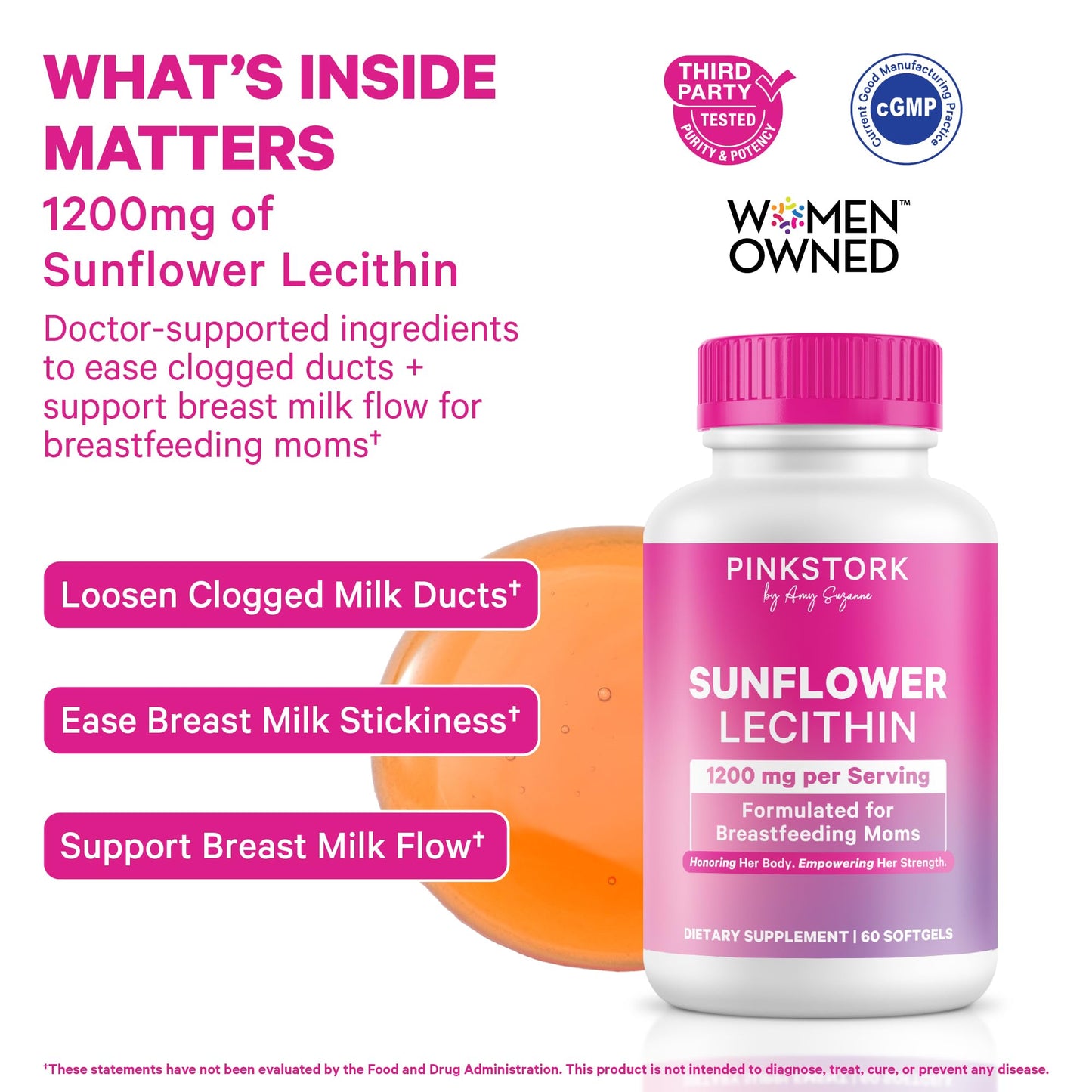 Pink Stork Sunflower Lecithin Supplement - 1200 mg for Clogged Milk Ducts - Breastfeeding Essentials for Postpartum Moms - Supports Breast Milk Flow - 60 Softgels