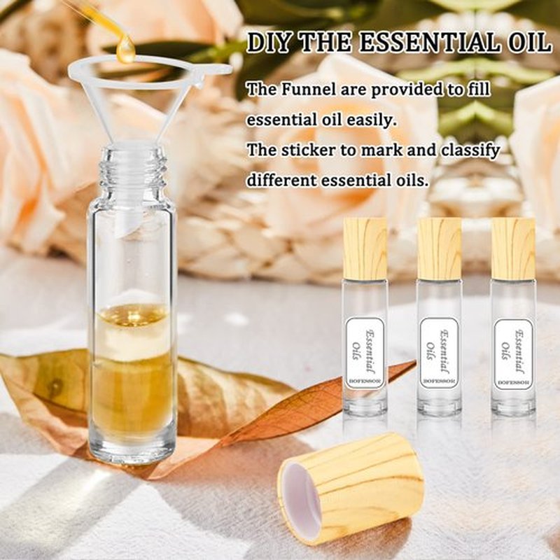 4 Pack, Essential Oil Roller Bottles, Clear Glass Roller Balls for Essential Oils, 10ml Empty Rollerball Bottles for Travel Refillable Roll on Perfume Bottles with Bamboo Plastic Caps