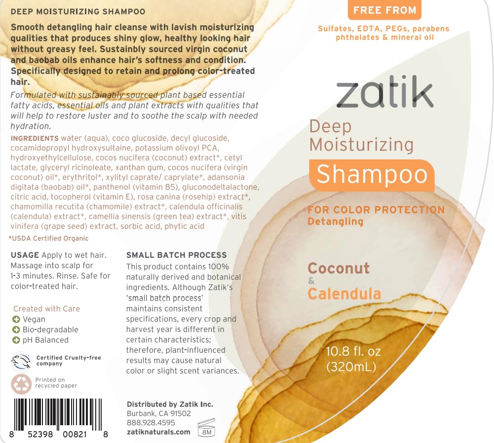 Zatik Naturals - Deep Moisturizing Shampoo with Coconut & Calendula - Vegan, Biodegradable, pH balanced, for Colored and Dry Hair, Free From Sulfates, phthalates & Synthetic Fragrances - 10.8 Fl Oz