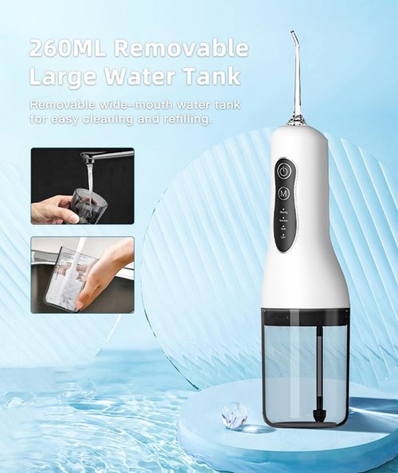 Portable Water Flosser for Teeth Cleaning, 5 Jet Tips, 4 Cleaning Modes, 1500mAh Rechargeable Battery, 260ml Water Tank, IPX7 Waterproof for Braces, Sensitive Teeth & Travel (White)