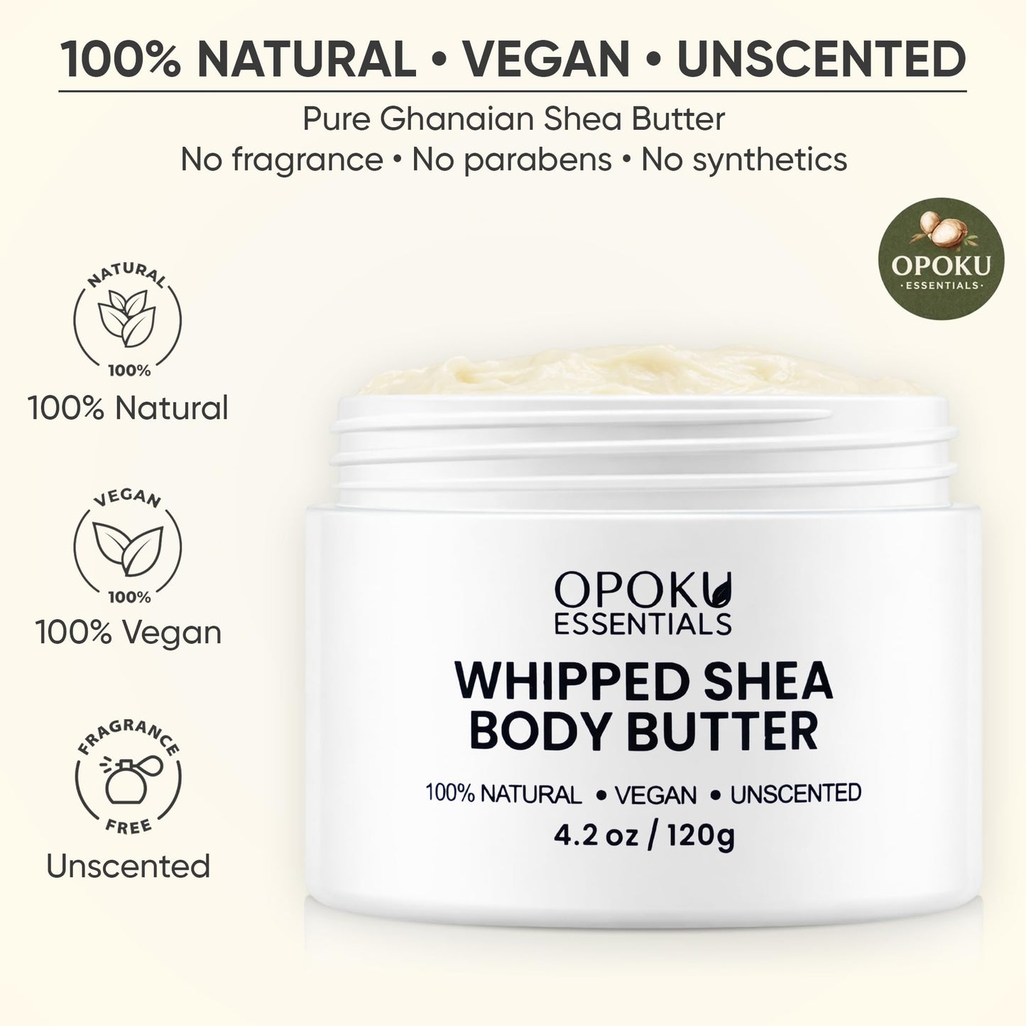 Opoku Essentials Whipped Shea Body Butter for Dry Skin & Sensitive Skin – 4oz Unscented with Ghanaian Shea Butter – 100% Natural, Vegan Moisturizing Cream