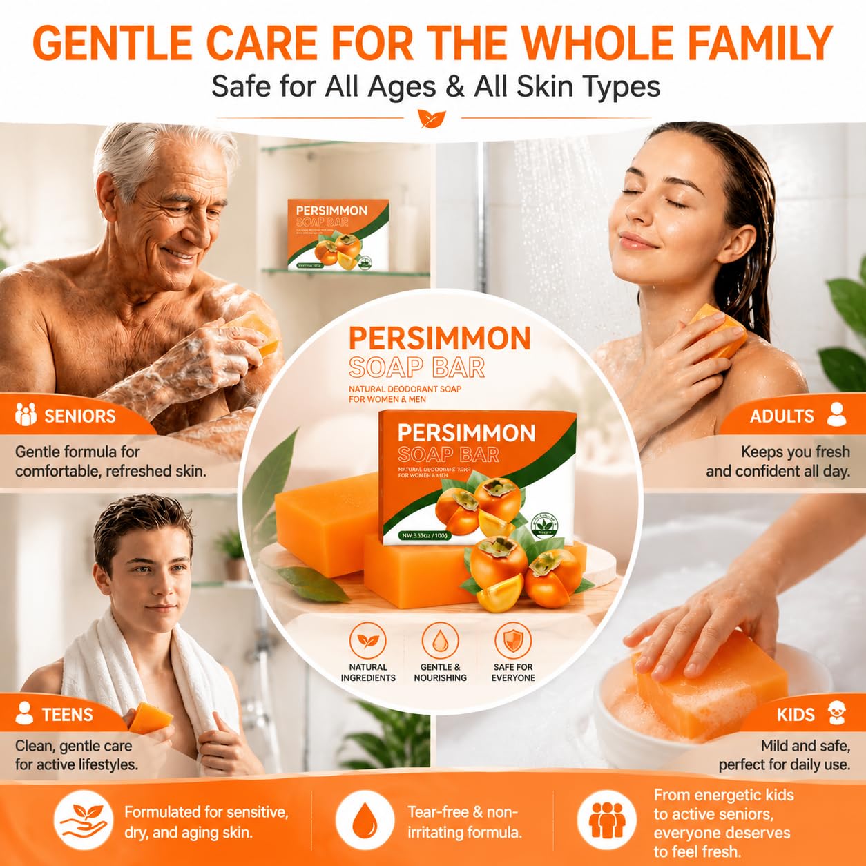 2 PCS Persimmon Soap Bar for Body Odor Control – Natural & Organic Deodorant for Old People Smell. Handmade Bar Soap Removes Strong Odor, Deeply Cleansing & Moisturizing for Women & Men