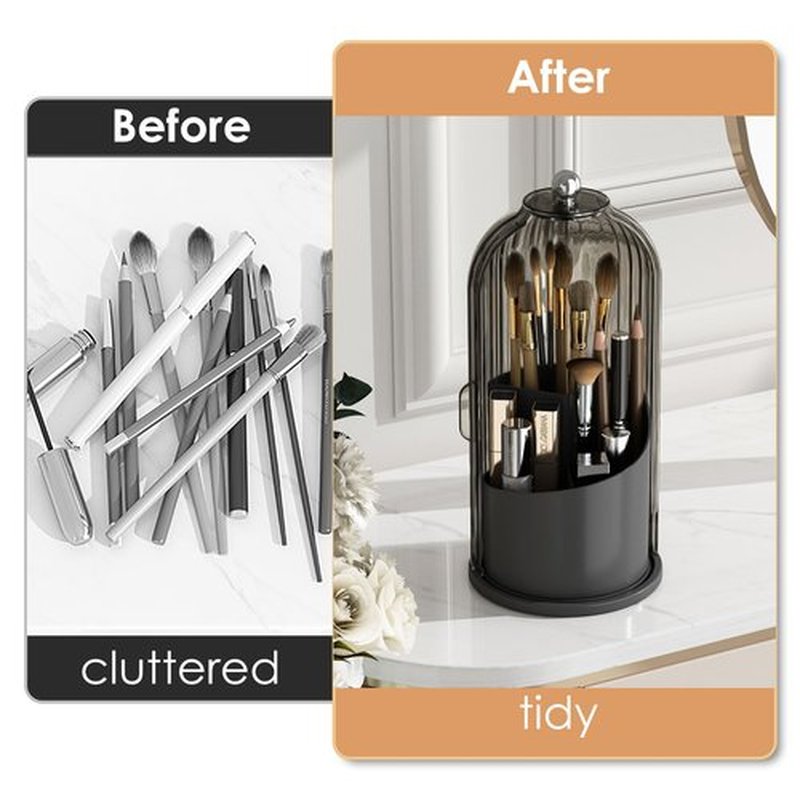 YOOLENS Makeup Brush Holder Organizer with Lid,360 Rotating Clear Dustproof Makeup Brushes Organizer for Vanity Desktop Bathroom Countertop, Black