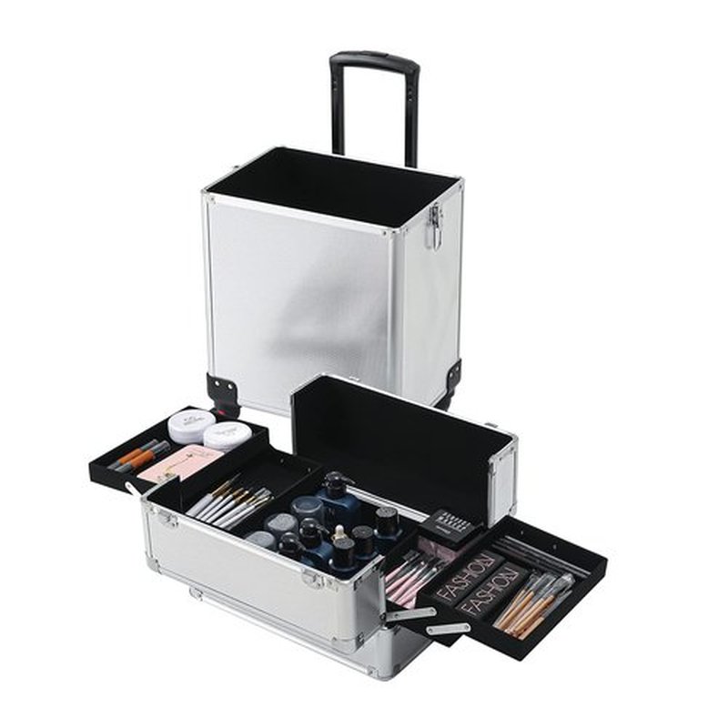 4 in 1 Rolling Makeup Train Case, Professional Aluminum Makeup Travel Organizer Cosmetic Case, Cosmetology Caboodle Case on 360° Wheels, Beauty Storage Luggage Lockable(Silver)