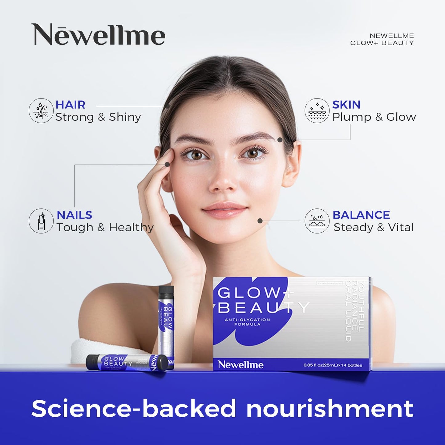 NEWELLME Liquid Collagen Drink for Women, 18,000mg Multi Collagen Complex with Hyaluronic Acid & Antioxidants, Beauty Supplement for Skin Hydration, Hair & Nails, Blue Raspberry, 14 Bottles