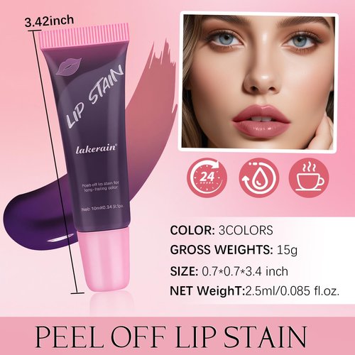 DAGEDA Lip Stain Peel Off, 3 Colors Lip Liner Stain, Matte Finish Peel Off Lip Tint Stain, Non-Stick Tattoo Color Lip Gloss, Highly Pigmented Liquid Lipstick, Waterproof Lip Makeup for Women
