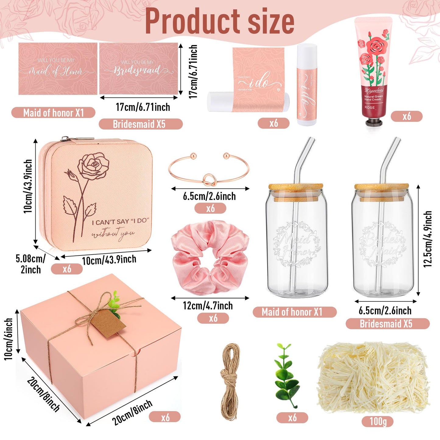 Teenyyou 60 Pcs Bridesmaid Proposal Gifts Bridesmaid Box Set Maid of Honor Gift Wedding Bridal Shower Include Jewelry Box Glass Cup Scrunchies Hair Knotted Bracelets Hand Cream Lip Balm Cards(Pink)