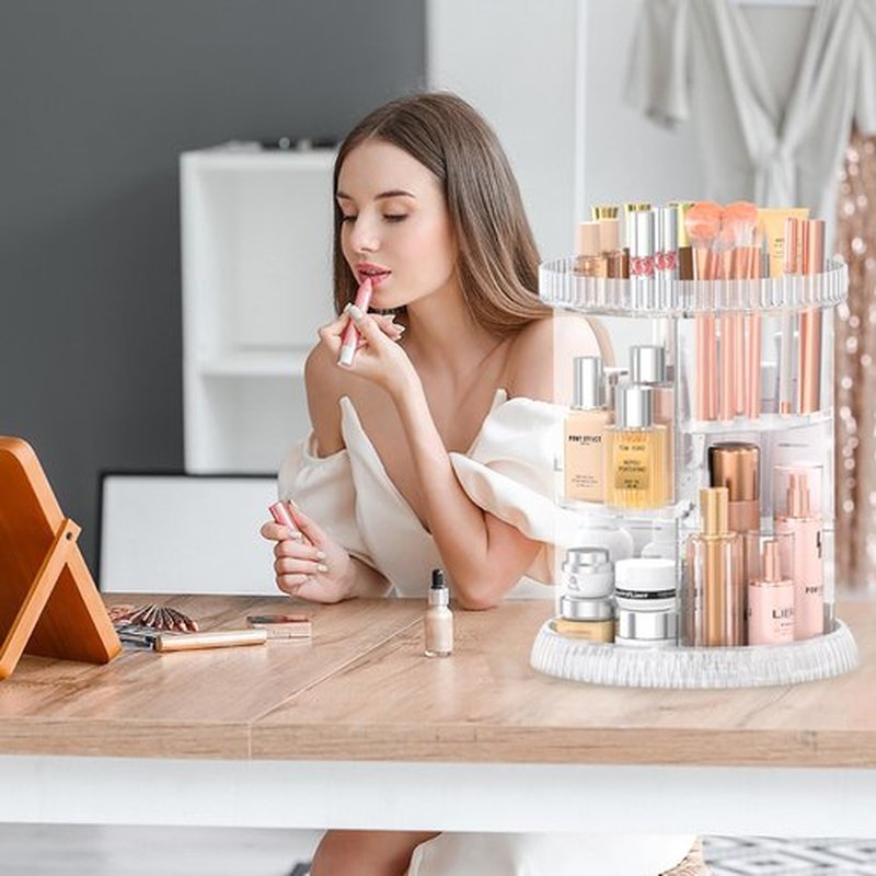 MOKANI 360 Rotating Makeup Organizer for Vanity, DIY 6 Adjustable Layers Perfume Organizer with Brush Storage and Shelves, Spinning Skincare Organizers Cosmetic Case for Bathroom, Countertop, Clear