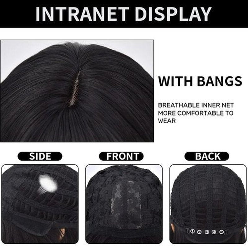 ponyttda 26 Inch Black Wig with Bangs Long Wavy Black Wigs for Women Natural Black Curly Hair Wig Heat Resistant Black Wavy Synthetic Wig for Daily Party Use