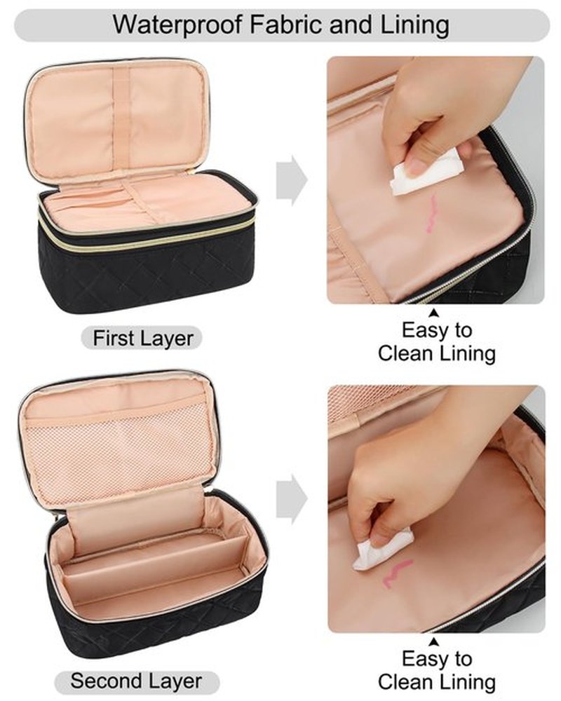 Relavel Travel Makeup Bag, Compact Cosmetic Bag for Women, Waterproof Makeup Brush Holder Organizer with Adjustable Dividers (Black)