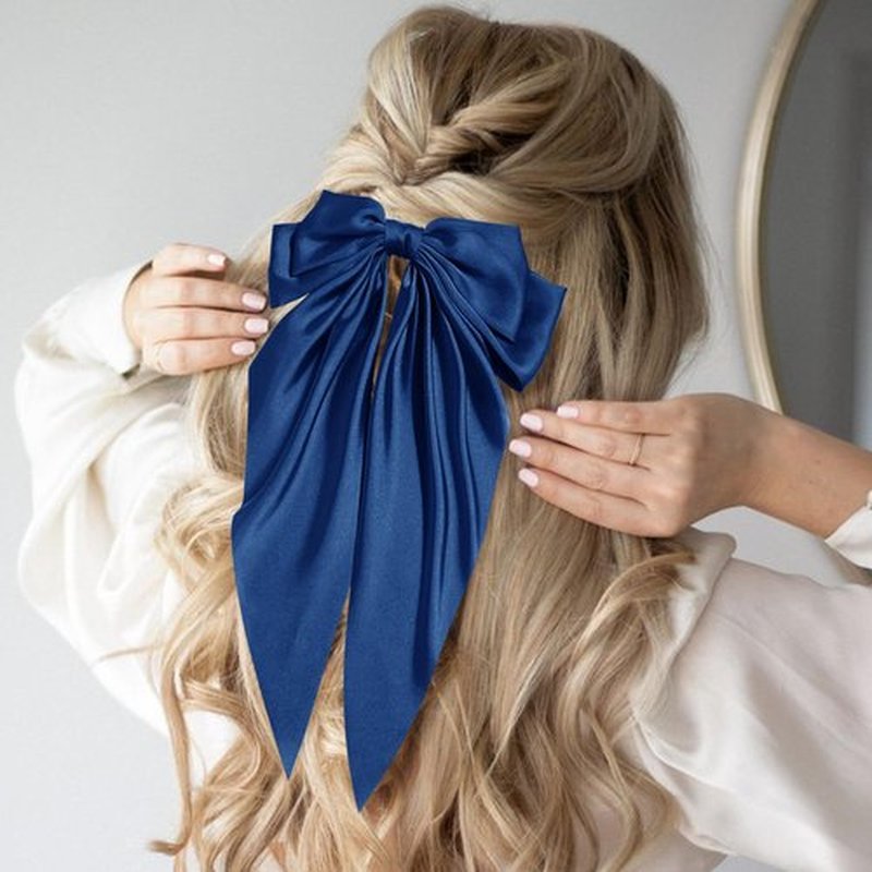 Hair Bows for Women Girls Silky Satin Big Bows Hair Barrettes Oversized Hair Accessories Long Tail Hair Ribbons -3Pcs -Sapphire Blue Yellow Red