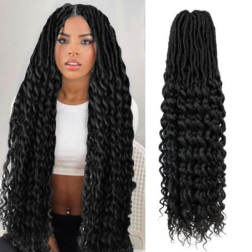 Goddess faux locs Crochet hair 24 Inch 8 Packs New faux locs Crochet hair Deep faux locs hair Wavy faux locs Crochet hair Pre Looped Crochet hair Extensions for Women(1B#)