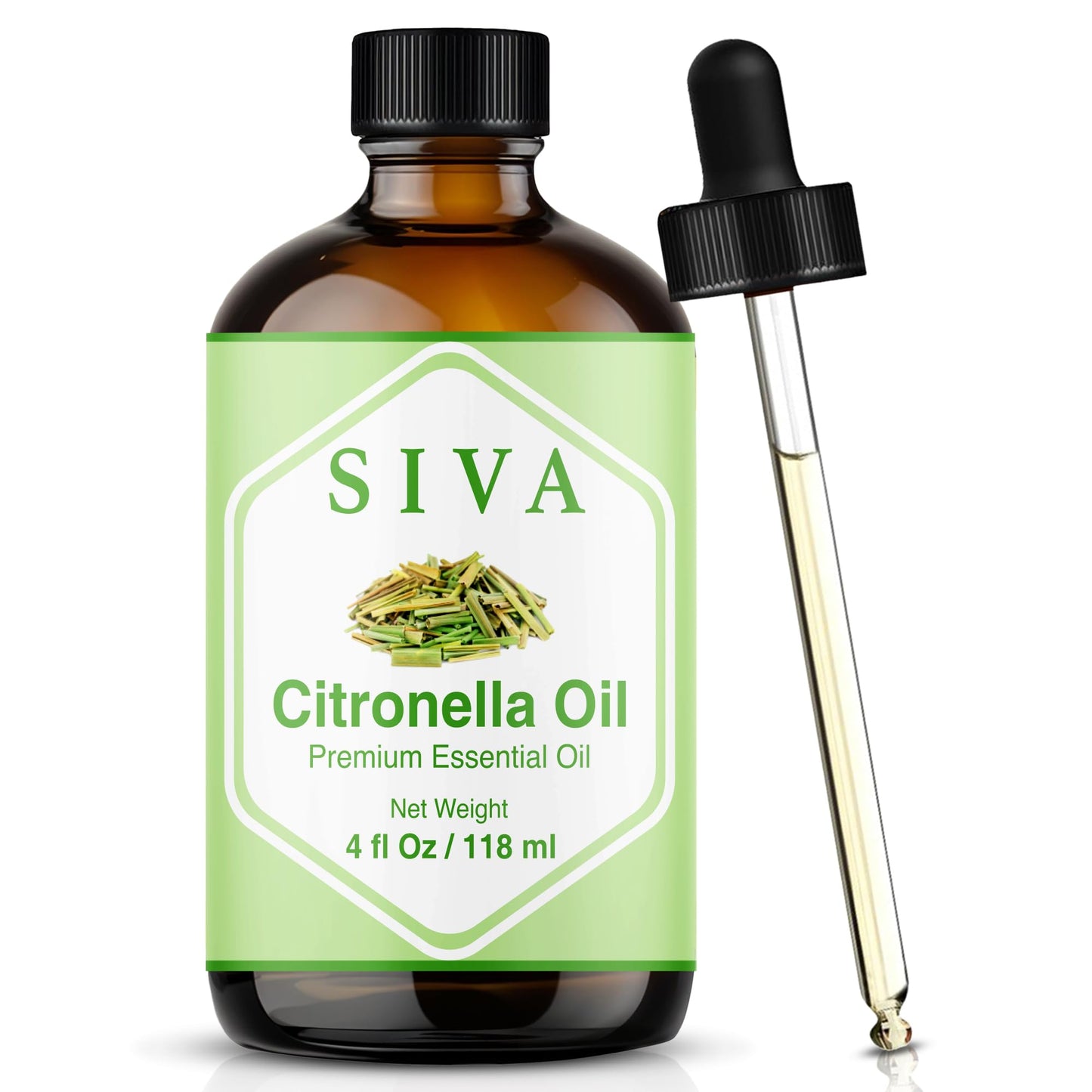 Siva Citronella Essential Oil 4 Fl Oz – for Diffuser, Skin & Hair Care – Ideal for Massage & DIY Blends- with Dropper