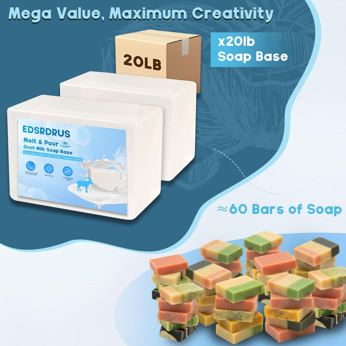 EDSRDRUS 20lb Unscented Melt and Pour Soap Base, Fragrance-Free Bulk Glycerin Soap Making Supplies for Professionals – Upgraded Smooth Formula, Silky Melt & Fine Foam (Goat Milk, 20 Pound)