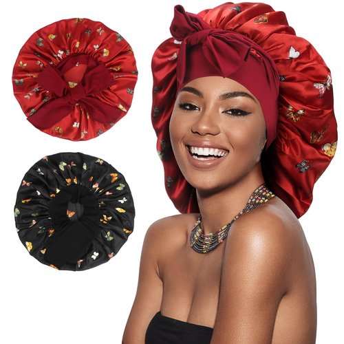 Arqumi Satin Silk Bonnet for Sleeping Women - 2 Pcs Large Long Strap Tie Band Adjustable Sleep Night Shower Cap Hair Bonnet Wrap for Men Reusable, Butterfly Pattern Black+Red