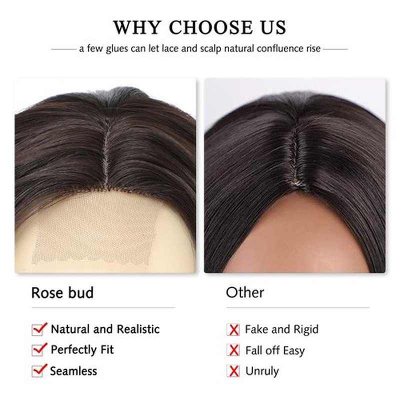 Rose bud Wavy Bob Wig Natural Wig Dark Brown Synthetic Hair Shoulder Length Short Curly Middle Part Lace Front Wigs for Women