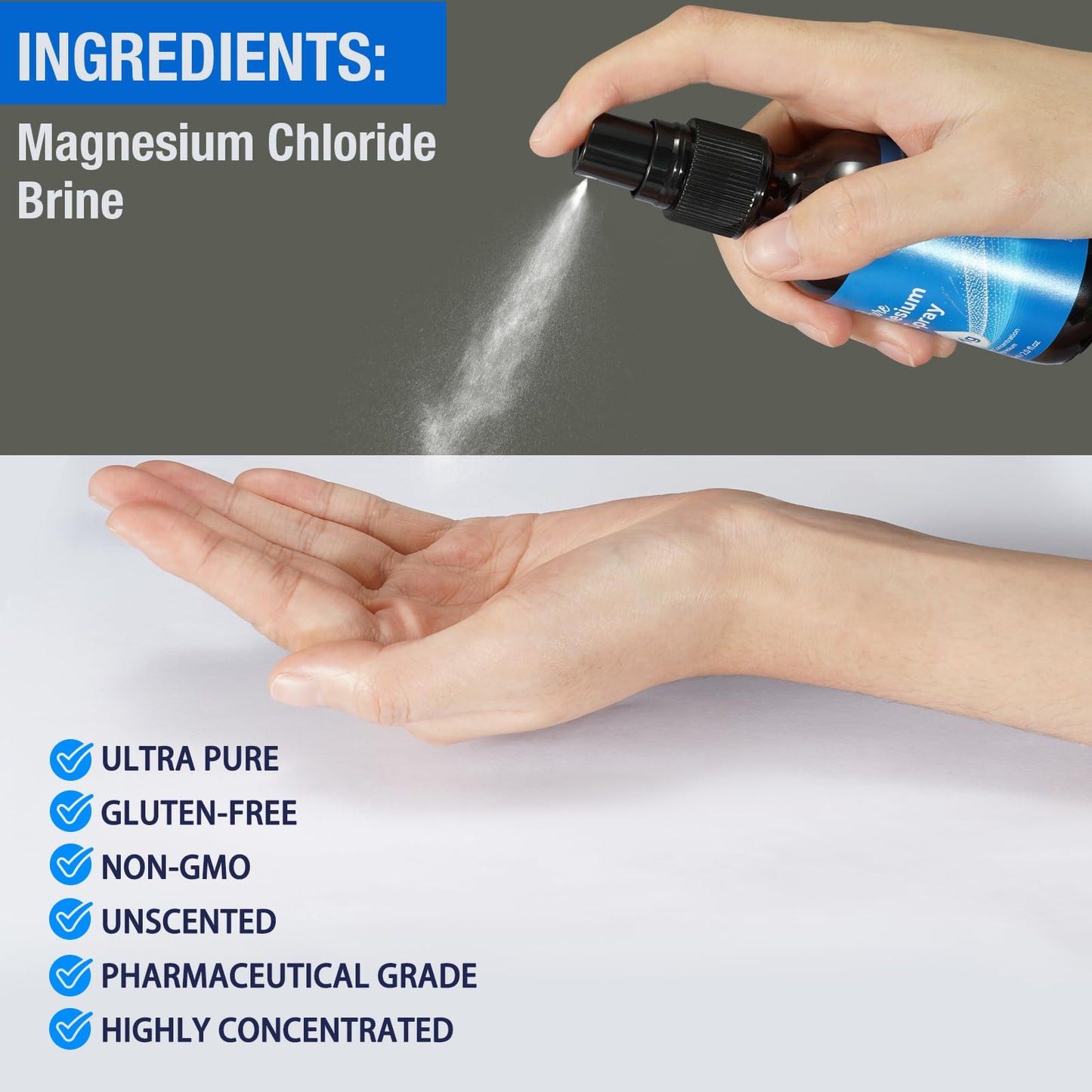 Pure Magnesium Oil Spray, 100% Pure & Natural Magnesium Oil Spray 2.0 fl. oz, Magnesium Oil Spray for Sleep Quality, Skin, Muscle, Men and Women.