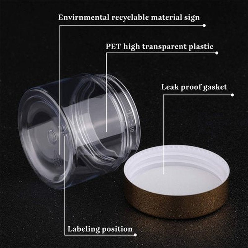 6 Pack Clear Container with Lids Small Plastic Pot Jars Wide Mouth Round Leak Proof Plastic Container Jars with Lid for Travel Storage, Eye Shadow, Nails, Paint, Jewelry (Gold,2 oz)
