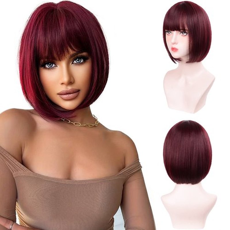Aida ble Bob Wigs with Bangs Burgundy Wig for Women Wine Red Wig Short Straight Wig Heat Resistant Fiber Synthetic Wig Halloween Cosplay 99J Colorful Wigs Party Wig…