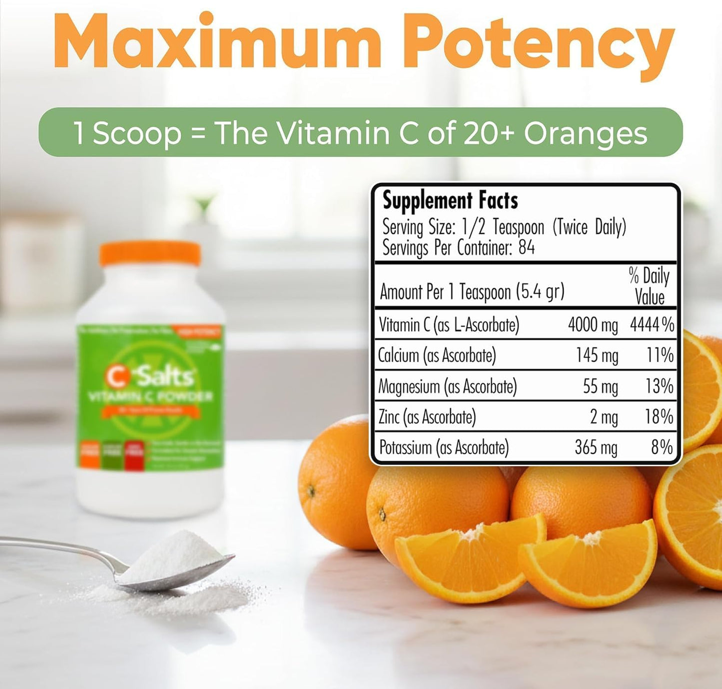 C-Salts Buffered Vitamin C Powder - Pure Organic, Stomach Friendly Ascorbic Acid VIT C Drink for Daily Immune Support & Collagen Production - Vegan Non GMO Sugar Free - 84 Servings Original, 8oz