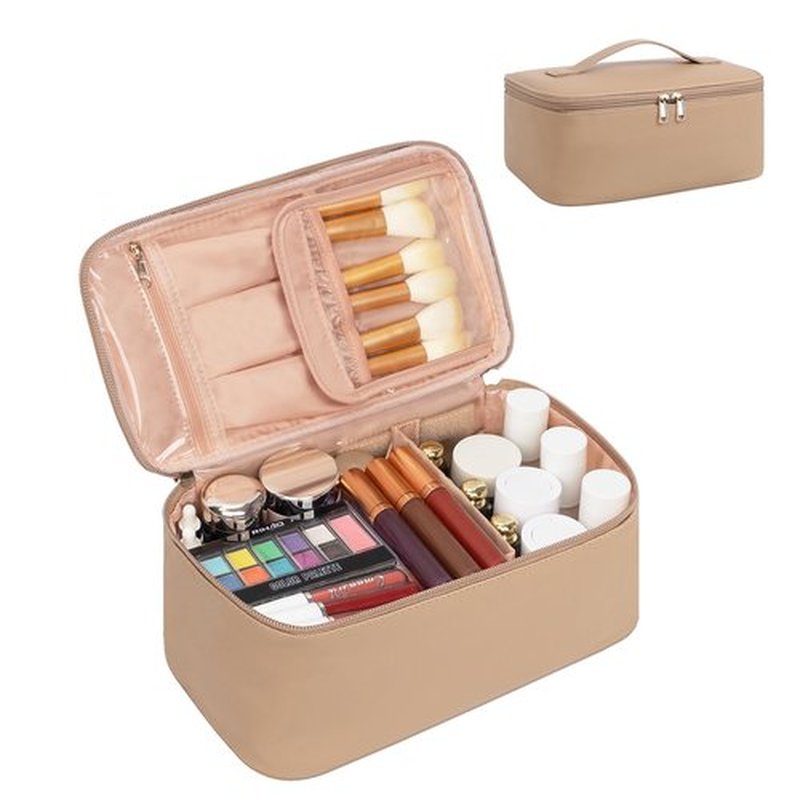 OCHEAL Makeup Bag, Travel Makeup Bag Waterproof Cosmetics Organizer Make Up Bag Case,Toiletry Bag for Women,Large Capacity for Girls Daily Use Dorm Room Storage with Dividers -Beige Apricot