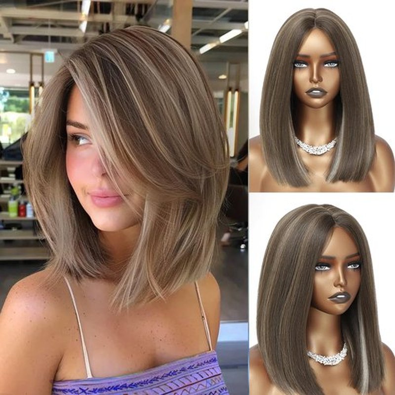 Higlight brown Bob Wigs Glueless Straight Wigs For Women Synthetic Heat Resistant Fiber Hair long bob wig Middle Part Brown Mixed Blonde Bob Wigs medium length wigs for women 16inch(Higlight brown)