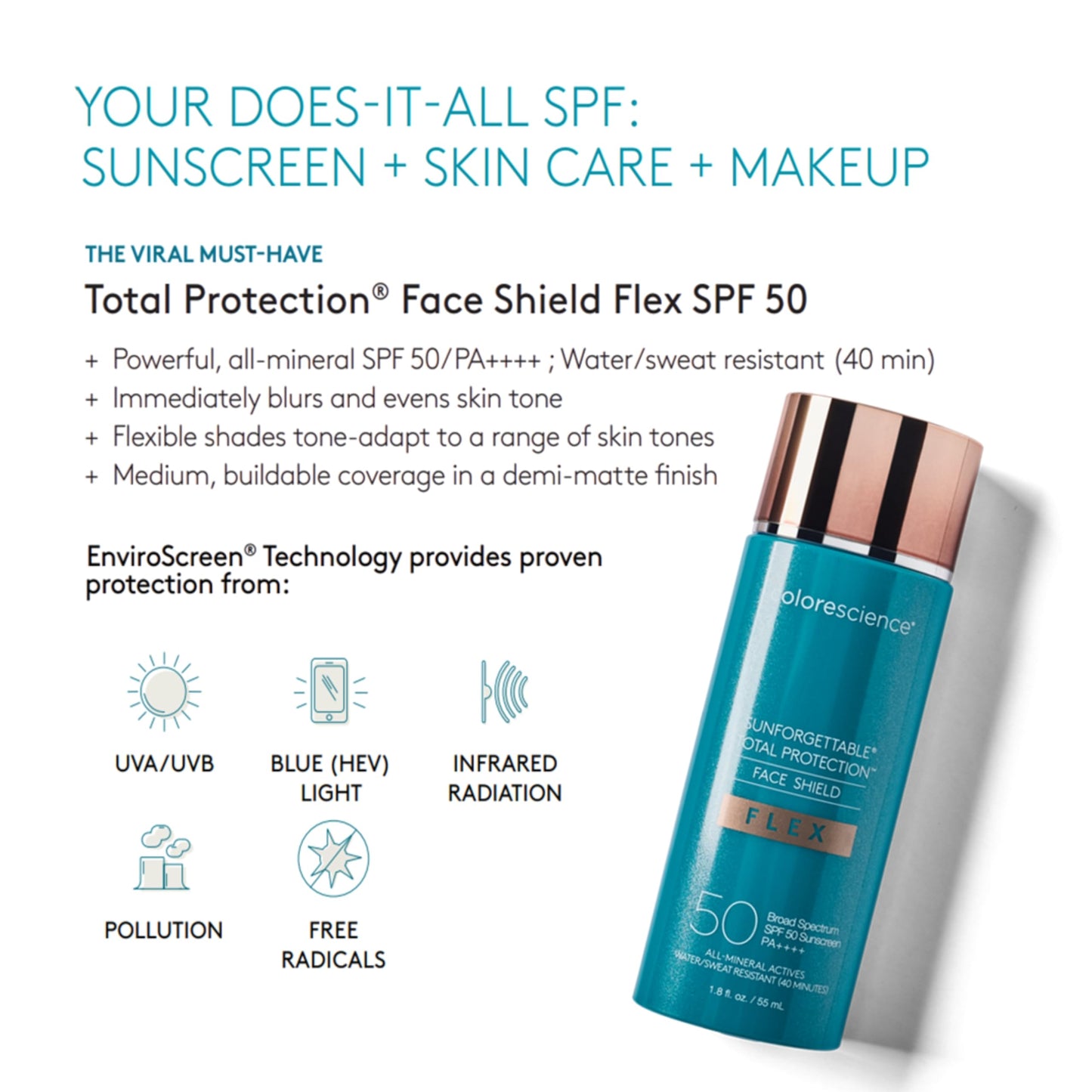 Colorescience 50 to 70 SPF Total Protection Face Shield Flex SPF 50, Zinc Oxide Formula, Tan, 1.8 fl. oz.